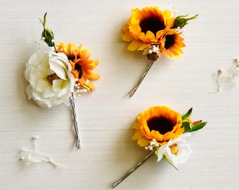 Sunflower and Rose Hair Pins | Fall Flower Wedding Hairpiece | White Roses, Golden Yellow Flowers, Baby's Breath | Boho Bridal Bobby Pin