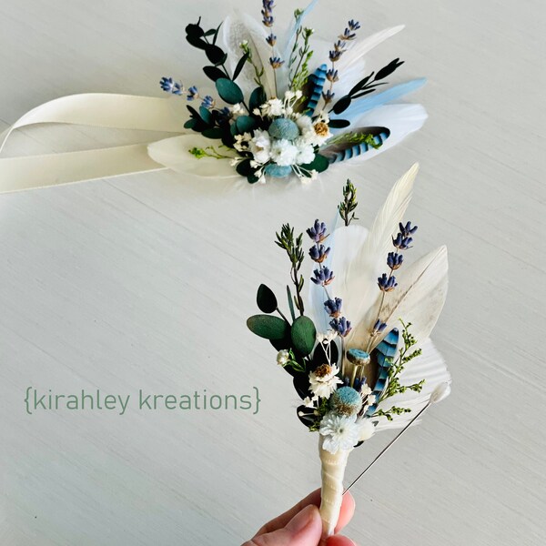 Lavender & Green Eucalyptus Groom Boutonniere | Ivory White Wedding Hairpiece | Blue Jay Feather Bridal Comb | Dried Flower Wrist Corsage