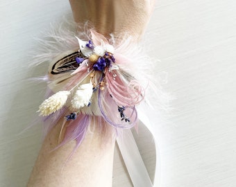 Dried Flower Wrist Corsage |  Lavender, Pink and Peach Feather Hair Clip | Prom Wristlet & Boutonniere | Pastel Leaves Thistle Babies Breath