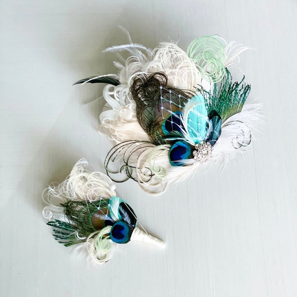 Ivory Mint Peacock Hair Clip | Green Sword Feather Comb | Bridal Fascinator | Great Gatsby Headpiece | Bride & Groom Wedding Set | Corsage