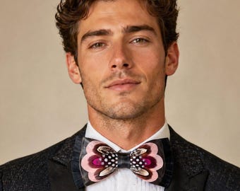 Pajarita de plumas de faisán pavo / Pajarita de boda de cuero negro / Corbata color melocotón y fucsia bronce / Boutonnière, alfiler de solapa, pañuelo de bolsillo