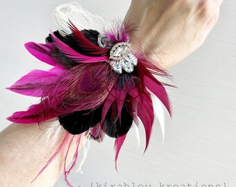 Fuchsia Black Peacock Feather Prom Corsage | Pink Great Gatsby Wedding Fascinator | Lace Bridal Hairpiece | Rose Gold Rhinestone Hair Clip