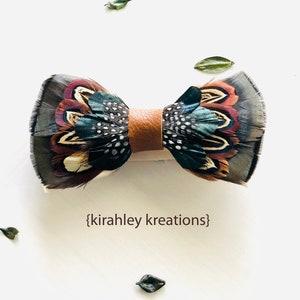 LEIF Rustic Feather Bow Tie Turkey Pheasant Guinea Bronze & Emerald Green Feathers Hunter Groom Wedding Attire Mens Leather Neck Tie image 3