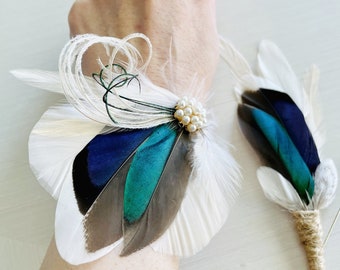 Green Teal Duck & Mallard Feather Corsage | Rustic Hunter Groom Boutonniere | Blue and Emerald Wedding | Groomsmen Lapel Pin Buttonhole LEO