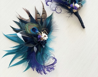 Barrette colvert, plumes de paon, fleurs séchées | Postiche bleu sarcelle noir, violet | Corsage de mariage couleur bijou | Boutonnière de marié rustique