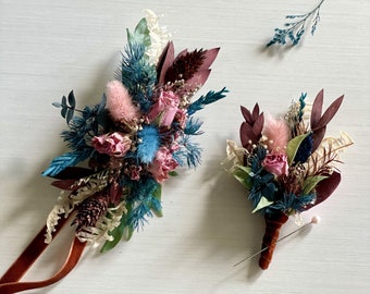 Rust Pink Dried Flower Corsage and Boutonniere | Teal Blue Leaf Lapel Pin | Prom