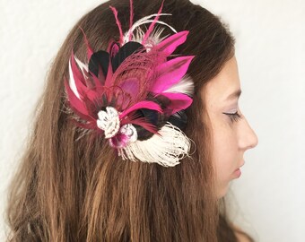 Fuchsia Black Peacock Feather Hair Clip | Pink Great Gatsby Wedding Fascinator | Lace Bridal Hairpiece | Rose Gold Rhinestone Prom Corsage