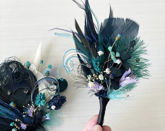 Black Peacock Feather + Dried Flower Corsage | Navy Blue, Dark Green, Purple Hairpiece | Jewel Tone Wedding Hair Clip | Groom Boutonniere