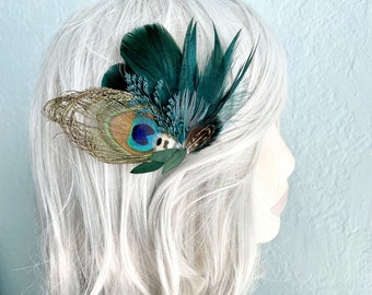 Peacock Hair Clip | Teal Dried Flowers, Eucalyptus Leaf | Wedding Wrist Corsage | Emerald Green, Blue Feather | Bridal Comb, Boutonniere