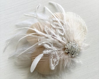 Nude Peacock Feather Bride Hair Clip | Great Gatsby Wedding Fascinator | White Lace and Ivory Pearl Rhinestone Headpiece | Champagne Ostrich