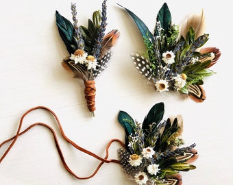 Rustic Fall Wedding |  Ivory Flower Wrist Corsage | Lavender, Pheasant Feather, Green Leaf, Suede Leather | Eucalyptus Groom Boutonniere Pin