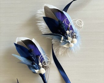 Mallard Duck Wrist Corsage | Navy Feather Prom Wristlet | Bride Wedding Bracelet | Baby Blue Bridesmaid Cuff | Navy Groom Boutonniere