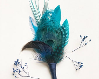 Teal Navy Peacock Feather Boutonniere | Mallard Duck Feather Lapel Pin | Hunter Groom, Rustic Groomsmen | Herl Feather Guinea | Prom Corsage