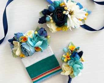 Pocket Square, Boutonniere, Corsage, Hair Comb | Teal, Navy Blue, Yellow Flowers | Bride and Groom Wedding Set | Prom Accessories