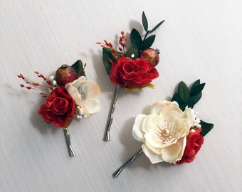 Rustic Flower Hair Pins | Rust Orange Ivory Bobby Pins | Fall Wedding Hairpiece | Eucalyptus Greenery Hair Pins | Boho Bridal Hairpiece