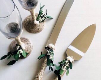 Rustic Cake Knife & Server Set | Champagne Glasses | Eucalyptus, Ivory Babys Breath | Wedding Reception Cake Cutting | Burlap Greenery Decor