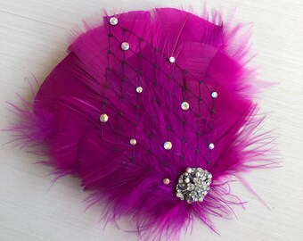 Magenta Feather Hair Clip | Great Gatsby Wedding Fascinator | Iridescent Rhinestone Headpiece | Black Veil Hair Comb | Fuchsia Prom Corsage