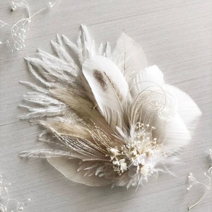 White Ivory Feather and Dried Flower Hairpiece Bridal Hair Comb Skeleton Leaf Hair Clip Babys Breath, Peacock Sword and Herl, Ostrich image 1