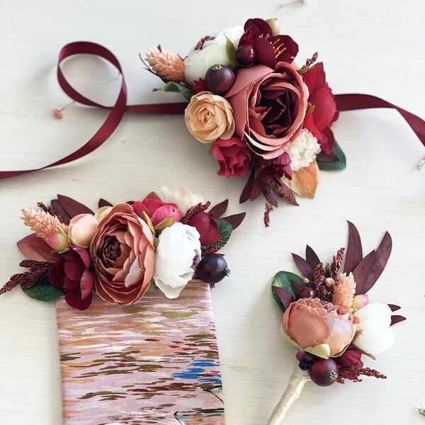 Pocket Square, Boutonniere, Corsage, Hair Comb | Peach Burgundy Maroon Red Flowers Greenery | Bride and Groom Wedding Set | Prom Accessories