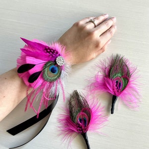 Hot Pink & Black Peacock Corsage Wedding Feather Hair Clip Bride Fuchsia Fascinator Groom Boutonniere Great Gatsby Prom Headpiece image 1