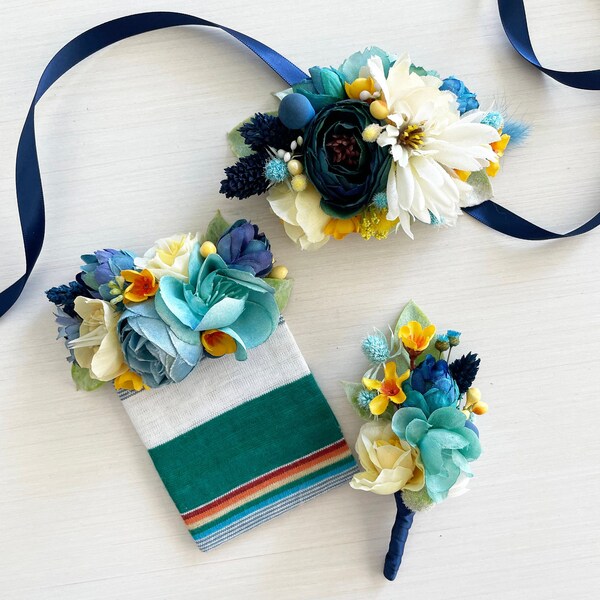 Pocket Square, Boutonniere, Corsage, Hair Comb | Teal, Navy Blue, Yellow Flowers | Bride and Groom Wedding Set | Prom Accessories