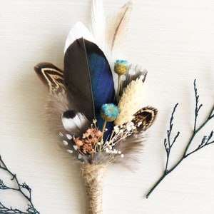 Mallard Feather Wedding Boutonniere Duck Feather Wrist Corsage Groom Pheasant Boutonniere Blue Dried Flowers Rustic Fall Bridal Clip image 6