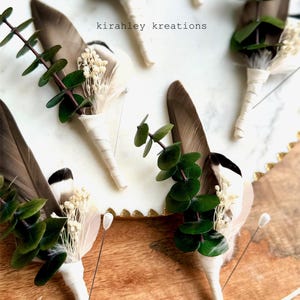 Eucalyptus Wedding Boutonniere | Gray Mallard Duck Feather Lapel Pin | Rustic Green Boutonniere | Groom Fall Keepsake | Ivory Baby&#39;s Breath