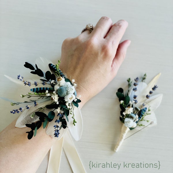 Lavender & Green Eucalyptus Wrist Corsage | Ivory White Wedding Hairpiece | Blue Jay Feather Bridal Comb | Dried Flower Groom Boutonniere
