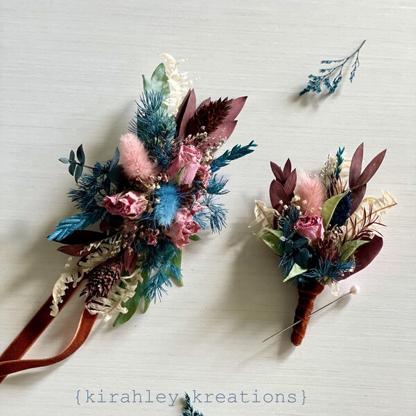 Rust Pink Dried Flower Corsage and Boutonniere | Teal Blue Leaf Lapel Pin | Prom