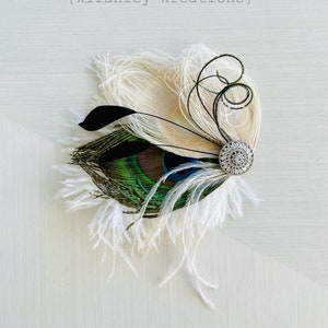 Ivory Peacock Hair Clip | Great Gatsby Wedding Fascinator | White Ostrich Bridal Headpiece | Prom Feather Corsage | Vintage Style Rhinestone