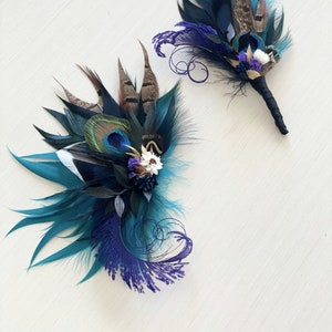 Mallard, Peacock Feather, Dried Flower Hair Clip Teal Blue Black, Purple Hairpiece Jewel Tone Wedding Corsage Rustic Groom Boutonniere image 1