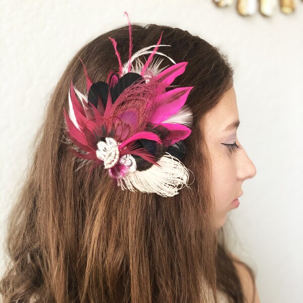 Pince à cheveux en plumes de paon noir fuchsia | Fascinateur de mariage rose Great Gatsby | Postiche de mariée en dentelle | Corsage de bal en strass or rose