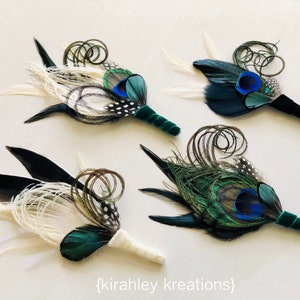 Peacock Feather Boutonniere Ivory Emerald Green Black Great Gatsby Wedding Groom Velvet Lapel Pin Prom Gala Special Event Corsage image 1