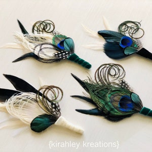 Peacock Feather Boutonniere | Great Gatsby Wedding | Groom Velvet Lapel Pin | Ivory Emerald Green Black | Prom Gala Special Event Corsage