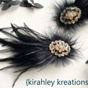 Black Feather Hair Clip | Great Gatsby Wedding, Flapper Headpiece | Black Shoe Clips | Bridal Ostrich Fascinator | Gold Rhinestone Hairpiece