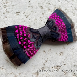 Turkey & Pheasant Feather Bow Tie | Grooms Wedding Bowtie | Hot Pink, Bronze, Black Neck Tie | Groomsmen Gift | Prom Lapel Pin, Boutonniere