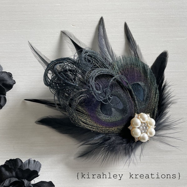 Black Peacock Feather Hair Clip | Dark Wedding Fascinator | Great Gatsby Holiday Hairpiece | Rhinestone Corsage | Goth Halloween Headpiece