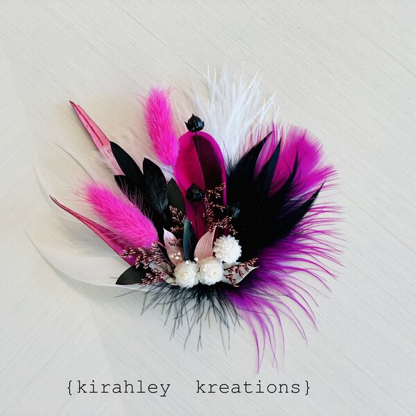 Hot Pink & Black Vibrant Hair Clip | Duck Feather Prom Corsage | Bride Wedding Fascinator | Bachelorette Party Headpiece | Dried Flower Comb