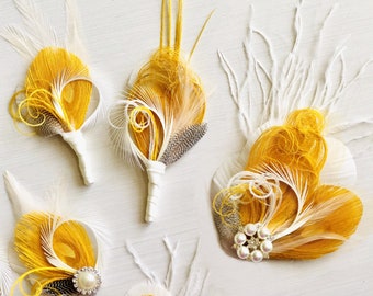 Goldene Gelbe Pfauenfeder Haarspange | Weißer Brautschleier | Braut Kopfschmuck, Halloween Bumblebee Bee Fascinator, große Gatsby Perle SARIAH