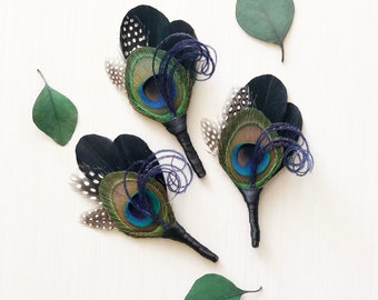 Fiore all'occhiello con piume di pavone / Spilla da bavero per matrimonio Grande Gatsby / Occhiello per sposo / Nero, verde acqua, blu, Guinea / Festa di ballo