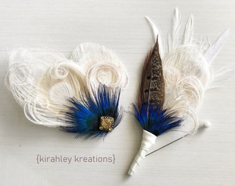Ivory Peacock & Pheasant Feather Boutonnière | Wedding Lapel Pin | Blue Prom Buttonhole | Hunter Groom Groomsmen | Corsage, Hair Clip TIA