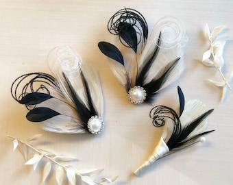 Ivory & Black Peacock Feather Hair Clip | Pearl Rhinestone Bridesmaid Headpiece | Bride Wedding Party Fascinator | Great Gatsby Prom Corsage