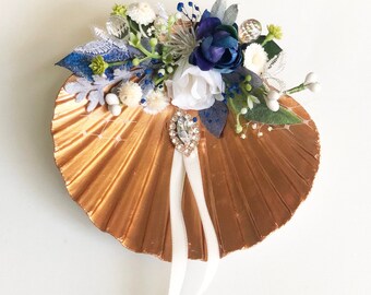 Shell Wedding Ring Bearer Holder | Copper Clam, Blue White Dried and Artificial Flowers | Green Leaves Foliage | Veil Veiling Rhinestones