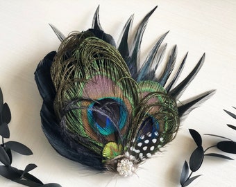 Gatsby Bridal Peacock Hair Clip | Black Guinea Feather Wedding Fascinator | Bride Rhinestone Headpiece | Bridesmaid Prom Hairpiece ADRIENNE