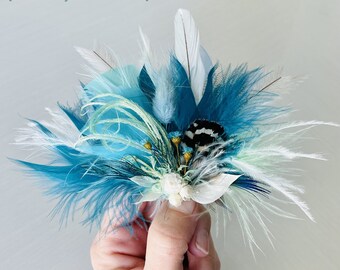 Dried Flower & Feather Wedding Hairpiece | Groom Boutonniere | Teal Mint Turquoise White Rustic Corsage | Bunny Tail, Ruscus Leaf Hair Clip