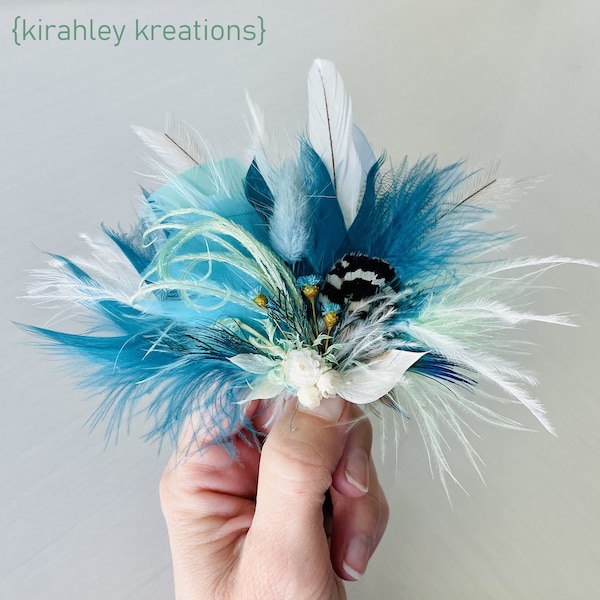 Dried Flower & Feather Wedding Hairpiece | Groom Boutonniere | Teal Mint Turquoise White Rustic Corsage | Bunny Tail, Ruscus Leaf Hair Clip