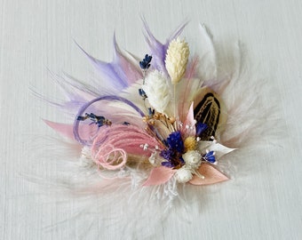 Lavender, Pink and Peach Feather Hair Clip | Dried Flower Wrist Corsage | Prom Wristlet & Boutonniere | Pastel Leaves Thistle Babies Breath