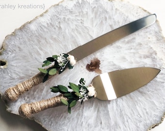 Rustic Cake Knife & Server Set | Champagne Glasses | Eucalyptus, Ivory Babys Breath | Wedding Reception Cake Cutting | Burlap Greenery Decor