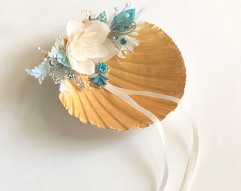 Gold Shell Ring Bearer | Beach Wedding Ceremony | Wedding Clam Ring Holder | Teal Coral, Ivory Flower Babies Breath | Blue Rhinestones Pearl