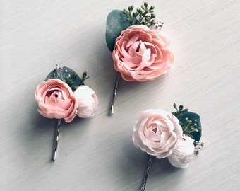 Blush Pink Flower Hair Pins | Wedding Headpiece | Eucalyptus and Rose Bobby Pins | Bridal and Bridesmaid Hairpiece | Soft Pink Boho Florals